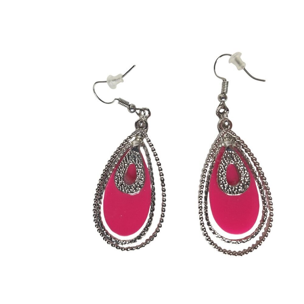 Silver Tone Pink Teardrop Dangle Studded Earrings Jewelry - Picture 2 of 3